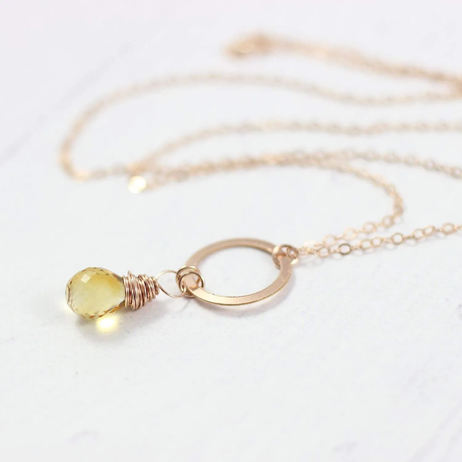 Yellow Citrine Teardrop Rose Gold Necklace